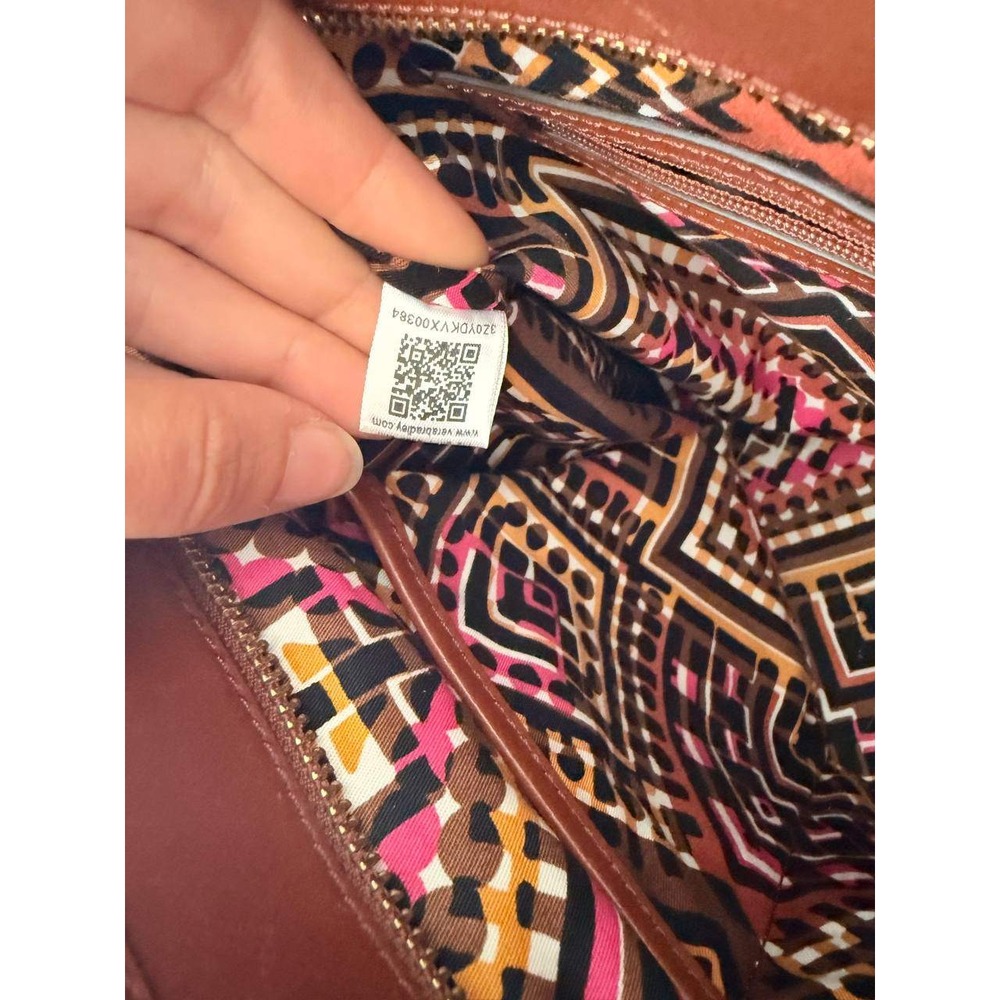 Vera Bradley Brown Leather Tote Bag Crossbody Strap Geometric Lining - Picture 8 of 10